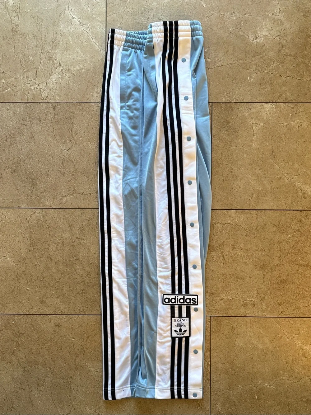 adidas Light Blue Track Pants with White Side Panels and Black Stripes - Picture 2 of 5